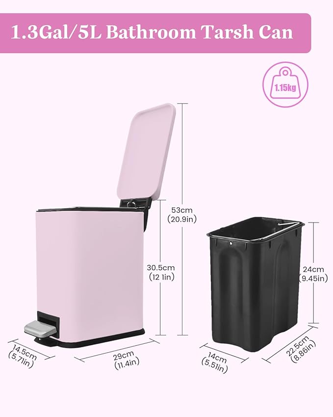 Pink Trash Can, 1.3 Gallon Bathroom Trash Can - Image 3