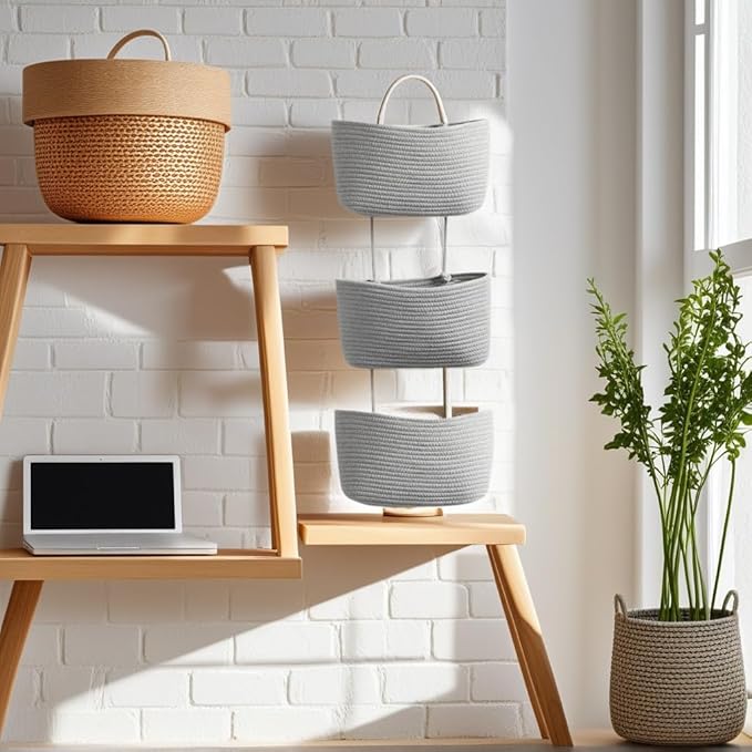 Hanging Baskets for Organizing, 3-Tier Woven Cotton Over the Door/Wall-Mounted - Image 3