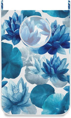 Ink Blue Lotus Flower Hanging Laundry Hamper Door Hampers Bag Basket by Tatenale