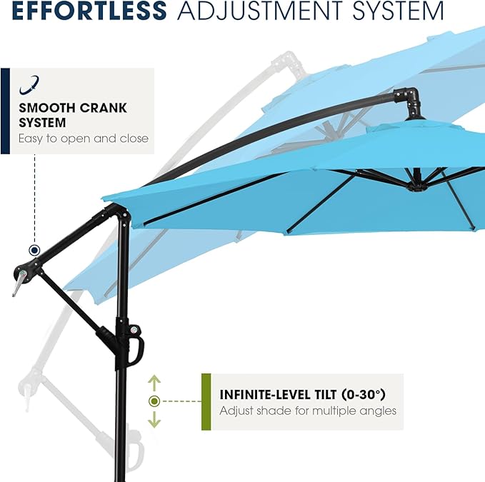 wikiwiki 10ft Patio Umbrella with Base Included, Outdoor Offset Cantilever Umbrella with Sandbag Base for Backyard, Garden and Pool, Easy to Tilt and Crank, Sky Blue - Image 5