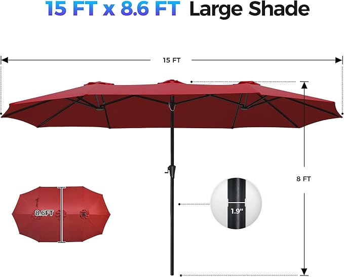 SUPERJARE 15FT Outdoor Umbrella for Patio, Double sided Pool Umbrellas with Fade Resistant Canopy, Large Table Umbrella for Deck, Market, Backyard - Burgundy - Image 7