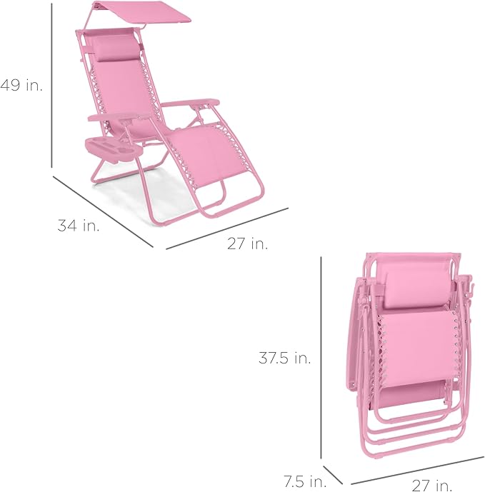 Best Choice Products Folding Zero Gravity Outdoor Recliner Patio Lounge Chair w/Adjustable Canopy Shade, Headrest, Side Accessory Tray, Textilene Mesh - Carnation - Image 2