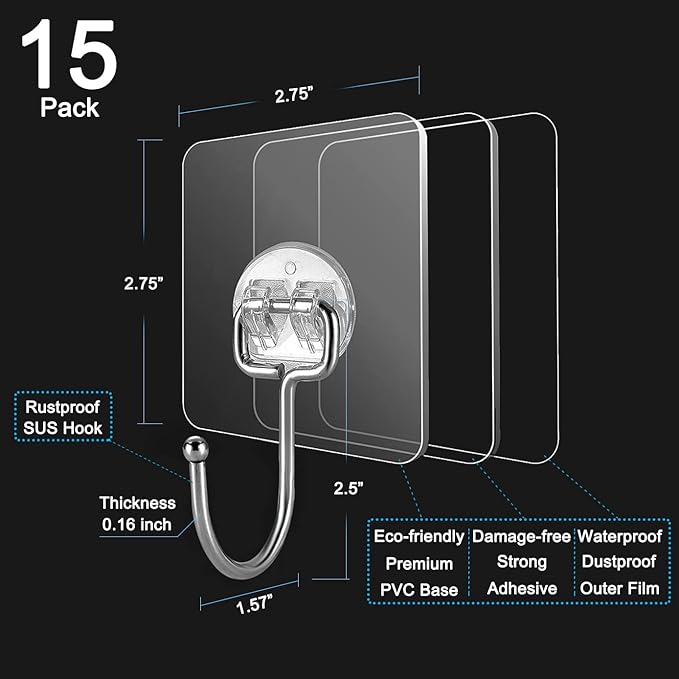 15 pack Large Adhesive Wall Hooks, Damage-Free Waterproof Rustproof 33Ib Max - Image 6