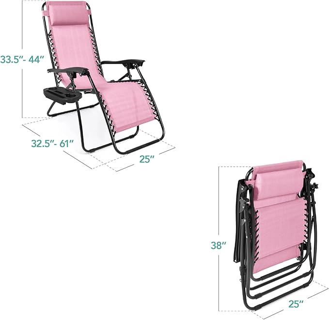 Best Choice Products Set of 2 Adjustable Steel Mesh Zero Gravity Lounge Chair Recliners w/Pillows and Cup Holder Trays - Bubblegum Pink/Black - Image 2