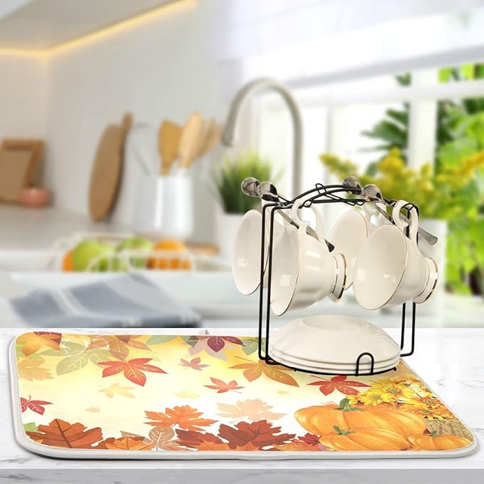 Autumn Fall Dish Drying Mat for Kitchen Counter Pumpkin Maple Leaves Drying Mat - Image 7