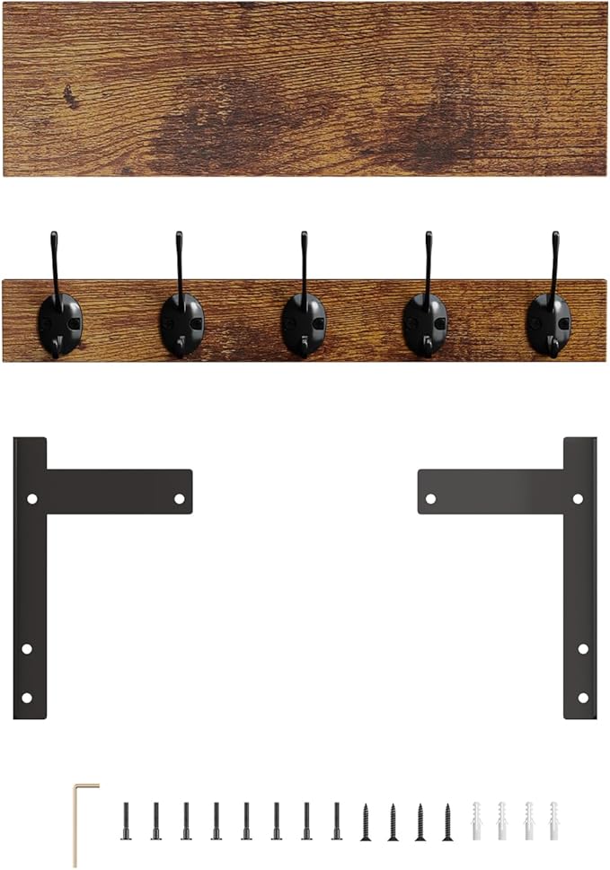 Wall Hooks with Shelf, Wood Coat Rack with Shelf Wall-Mounted, Entryway Hanging - Image 9