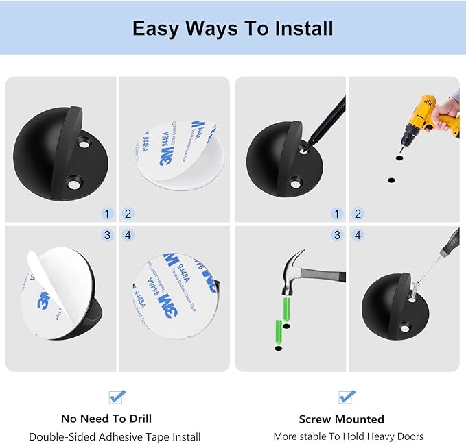 6 Pack Door Stoppers Self Adhesive Floor Door Stop No Drill Black Rubber Bumper - Image 7