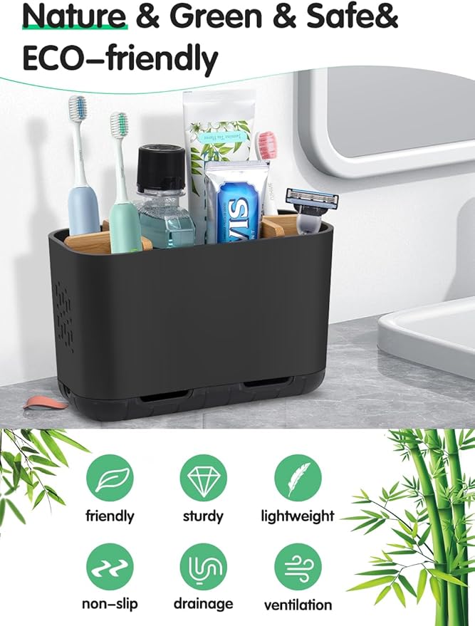 Black Toothbrush Holder, Bamboo Toothbrush and Toothpaste Holder - Image 2