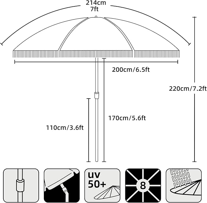AMMSUN 7ft Patio Umbrella with Fringe Outdoor Tassel Umbrella UPF50+ Premium Steel Pole and Steel Ribs Push Button Tilt, Black - Image 6