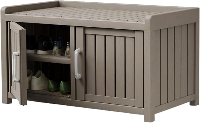 Storage Bench - 2 Doors Waterproof Resin Shoe Bench with Adjustable Shelves - Indoor & Outdoor Use, Entryway Bench with Seating for Bedroom, Living Room, Hallway - Grey by Outdoorchairs