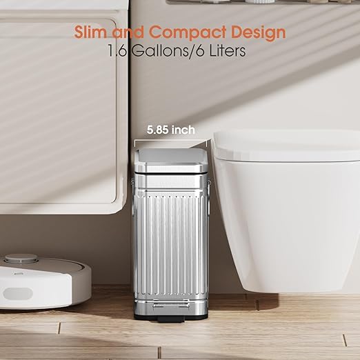 Small Bathroom Trash Can with Lid Soft Close, 6L / 1.6 Gallon Stainless Steel - Image 2