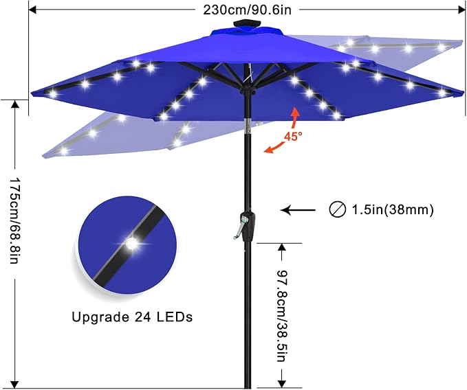 ABCCANOPY Durable Solar Led Patio Umbrellas with 24LED Lights 7.5FT (Royal Blue) - Image 3