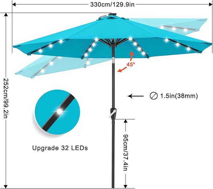 ABCCANOPY Durable Solar Led Patio Umbrellas with 32LED Lights 11FT (Turquoise) - Image 3