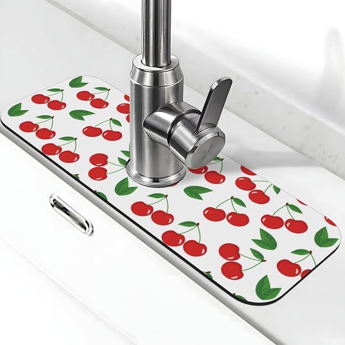 Fruit Cherry Red Cherries Leaves Leaf White Kitchen Sink Splash Guard Faucet by Unknown