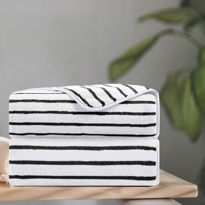 2 Piece Black White Cabana Stripe Hand Towels by Oliven