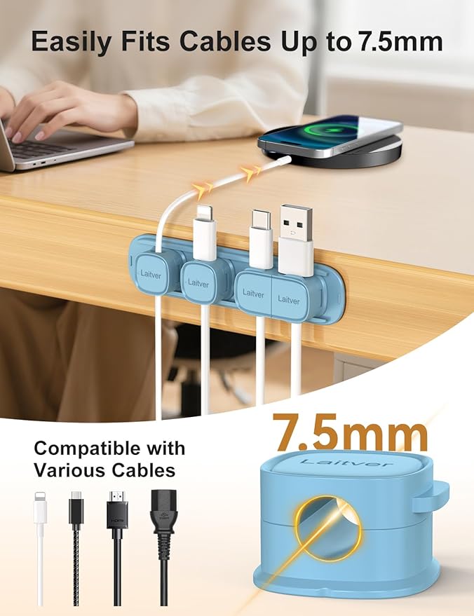 6 Pack Magnetic Cable Clips, Laitver Cord Organizer Holder Strong Adhesive Desk - Image 7