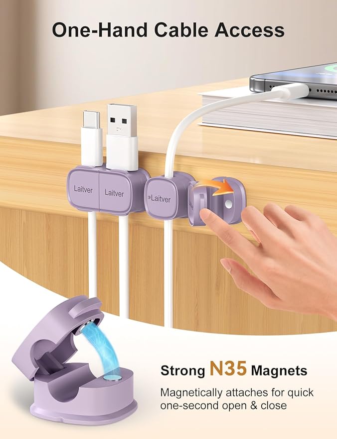 6 Pack Magnetic Cable Clips, Laitver Cord Organizer Holder Strong Adhesive Desk - Image 4