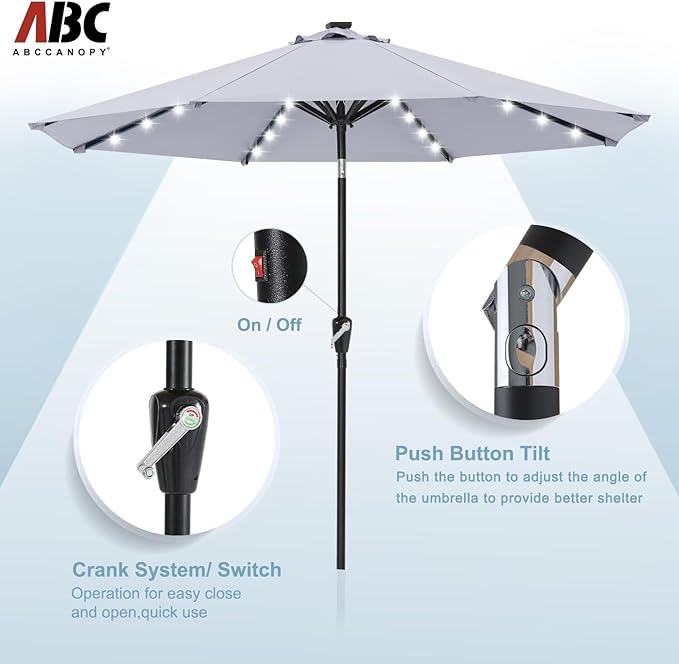 ABCCANOPY Durable Solar Led Patio Umbrellas with 32LED Lights 11FT (Light Gray) - Image 5