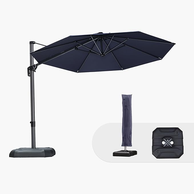 PURPLE LEAF 10 Feet Patio Umbrella with Base and Cover Round Outdoor Cantilever Umbrella Aluminum Offset Umbrella with 360-degree Rotation for Garden Deck Pool Patio Navy Blue by PURPLELEAF
