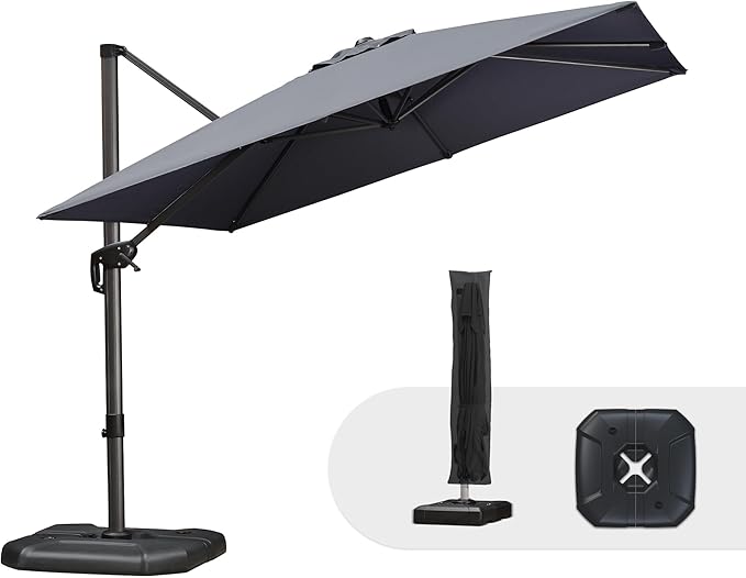 PURPLE LEAF 9'×9' Patio Umbrella with Base Outdoor Cantilever Umbrella with Cover Aluminum Square Offset Umbrella with 360-degree Rotation for Deck Pool Garden Grey by PURPLELEAF
