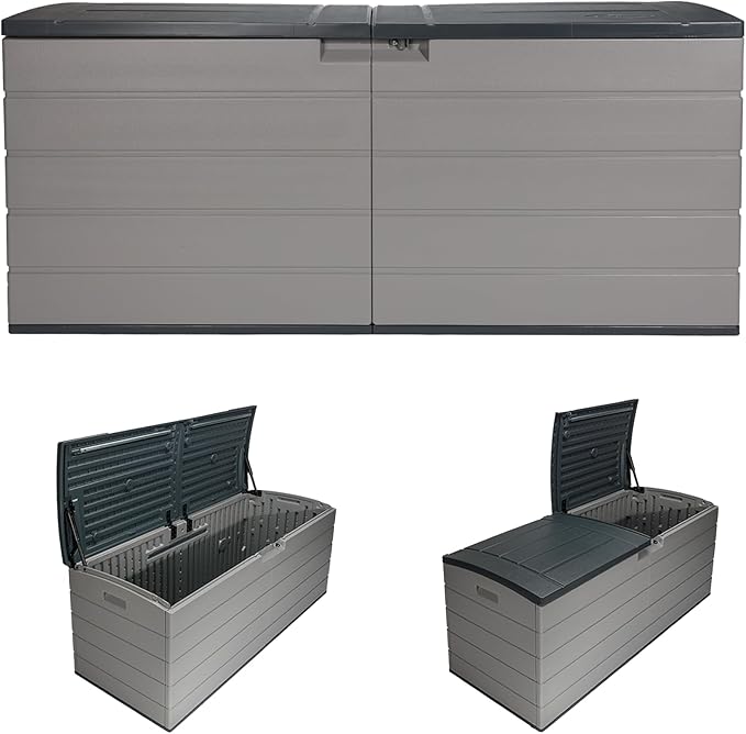 Suncast 120 Gallon Deck Box - Resin Outdoor Storage Box for Patio Cushions, Pool Accessories, & Garden Tools, Lockable Outdoor Storage Bin with Split Lid, Extra Large Dove Gray Outside Container by Suncast