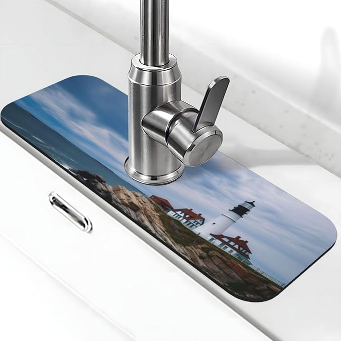 Kitchen Sink Splash Guard Faucet Mat Lighthouse Beach Sky 15"x5.5", Diatom Mat by Nameapo