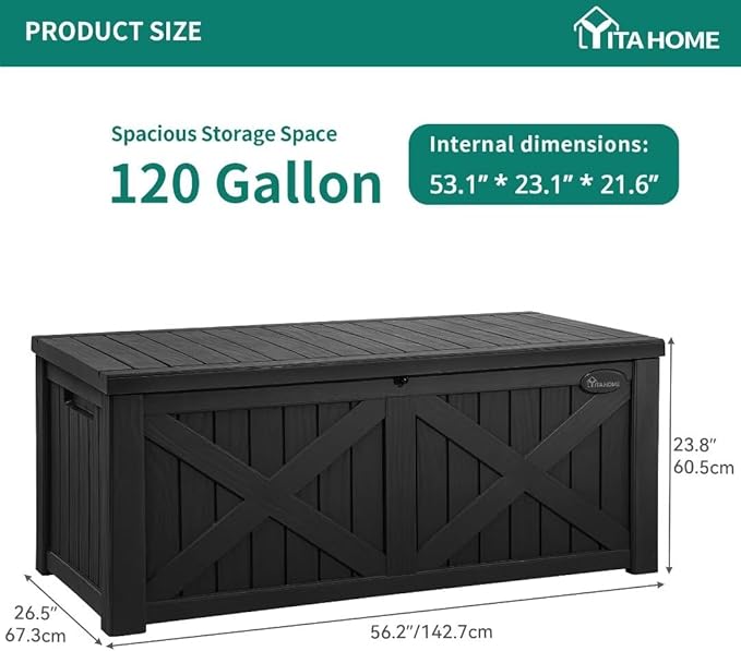 YITAHOME 150 Gallon Large Deck Box with X-Shaped Front, Resin Outdoor Storage Boxes, Waterproof Cushion Storage Bench for Patio, Pool Supplies, Garden Tools - Lockable, Black - Image 7