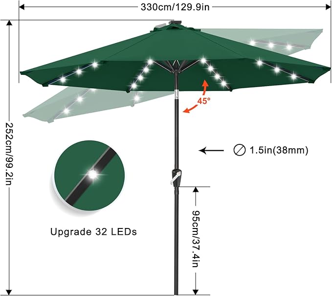 ABCCANOPY Durable Solar Led Patio Umbrellas with 32LED Lights 11FT (Deep Green) - Image 2