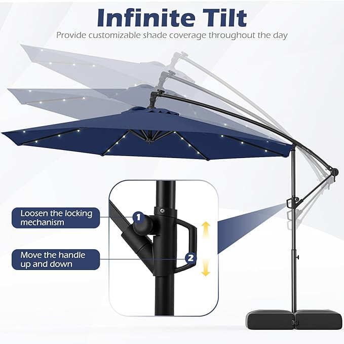 Tangkula 10ft Solar LED Patio Umbrella with Base, Offset Cantilever Outdoor Umbrella with 32 LED Lights, Infinite Tilt, 360 Degree Rotation, Crank Handle for Pool Deck Garden Backyard (Navy) - Image 8