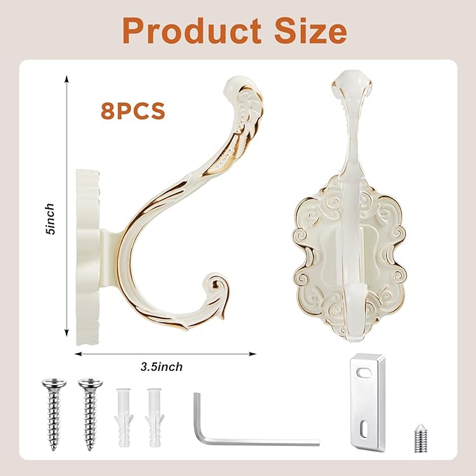 Zonon 8 Pcs White Vintage Coat Hooks Decorative Towel Hooks - Image 2