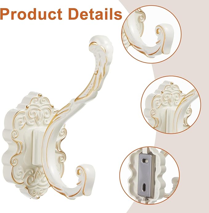 Zonon 4 Pcs White Vintage Coat Hooks Decorative Towel Hooks - Image 3