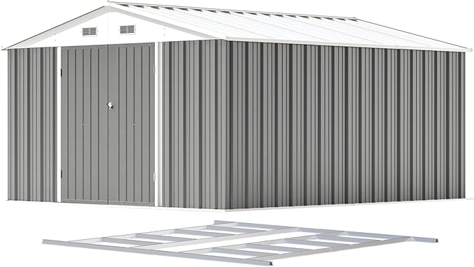 Patiowell 10 x 12 FT Metal Storage Shed for Outdoor with Floor Frame, Steel Yard Shed with Design of Lockable Doors, Utility and Tool Storage for Garden, Backyard, Patio, Outside use, Grey - Image 3