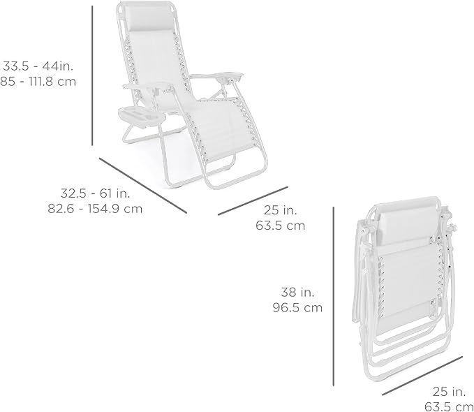 Best Choice Products Set of 2 Adjustable Steel Mesh Zero Gravity Lounge Chair Recliners w/Pillows and Cup Holder Trays - Snow - Image 2