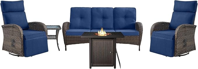 Belord 5 Piece Wicker Patio Furniture Set with 30" Propane Fire Pit Table, Outdoor Swivel Recliner Chairs with Adjustable Backrest & Footrest for Patio Conversation and Backyard Gathering by Belord