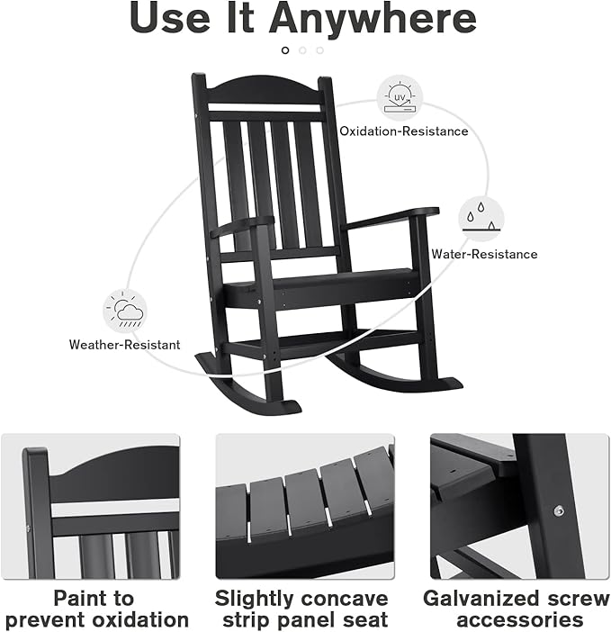 Devoko HDPE Rocking Chair Plastic Outdoor Indoor Patio Rocker Chair High Back All Weather Rocker for Patio Backyard Porch Garden (Black) - Image 4