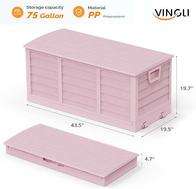 VINGLI 75 Gallon Collapsible Outdoor Storage Box, Simple-to-assemble Plastic Storage Containers with Lid, Patio Deck Box Furniture for Garden, Pool, Balcony, Yard (Pink) - Image 4