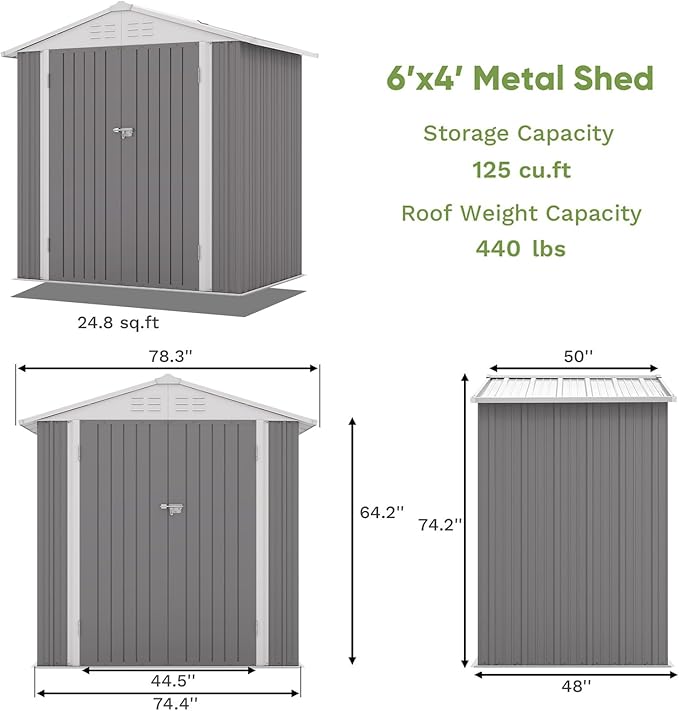 Patiowell 6x4 FT Outdoor Storage Shed, Water-Resistance Metal Outdoor Sheds with Vents & Lock, Garden Shed of Galvanized Steel for Lawn, Patio, Backyard Garden Tools, Bikes, Gray - Image 7