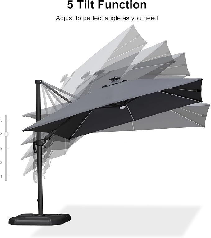 PURPLE LEAF 10 Feet Patio Umbrella with Base Outdoor Cantilever Solar Powered LED Swivel Square Umbrella Aluminum Offset Umbrella with 360-degree Rotation for Garden Deck Pool Patio, Grey - Image 9