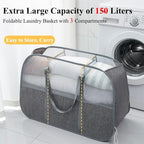 150L Collapsible Laundry Basket, 3-Compartment Foldable Hamper - Image 3