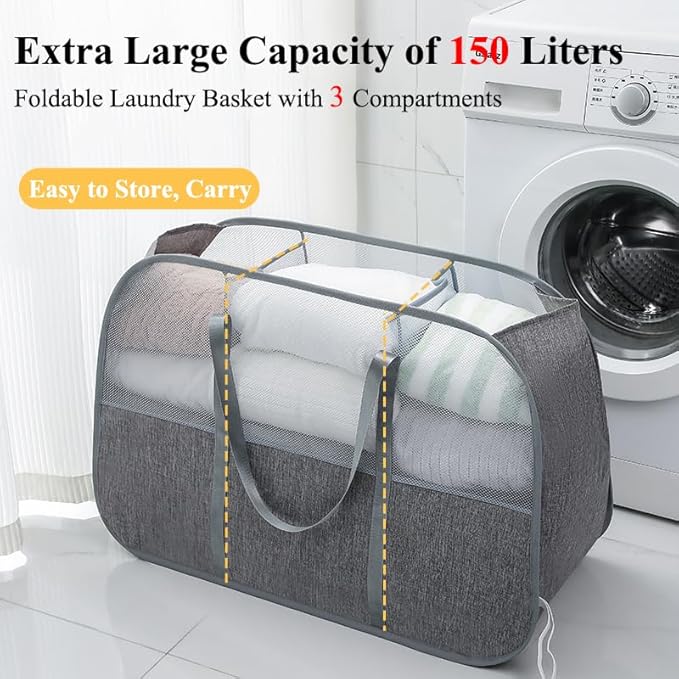 150L Collapsible Laundry Basket, 3-Compartment Foldable Hamper - Image 3