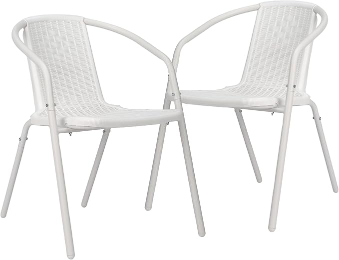 VINGLI PE Rattan Outdoor Dining Chairs Set of 2, Plastic Stackable Patio Chairs for Indoor, Porch, Restaurant, Garden, White by VINGLI