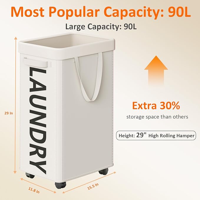 Laundry Basket with Wheels, 90L Rolling Laundry Hamper with Wheels, Large - Image 3