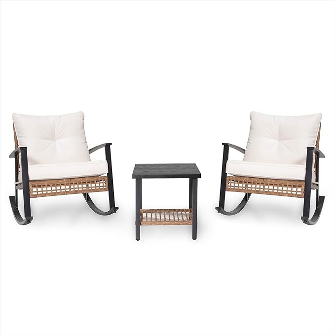 LAUSAINT HOME 3-Piece Rocking Bistro Set, Outdoor Patio Furniture with Thick Cushions and 2-Tier Coffee Table, Oversize Rattan Conversation Set for Garden, Balcony, Backyard (Beige) - Image 8