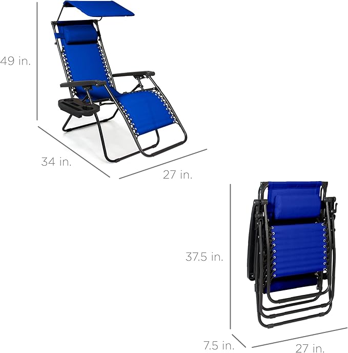 Best Choice Products Folding Zero Gravity Outdoor Recliner Patio Lounge Chair w/Adjustable Canopy Shade, Headrest, Side Accessory Tray, Textilene Mesh - Cobalt Blue - Image 3