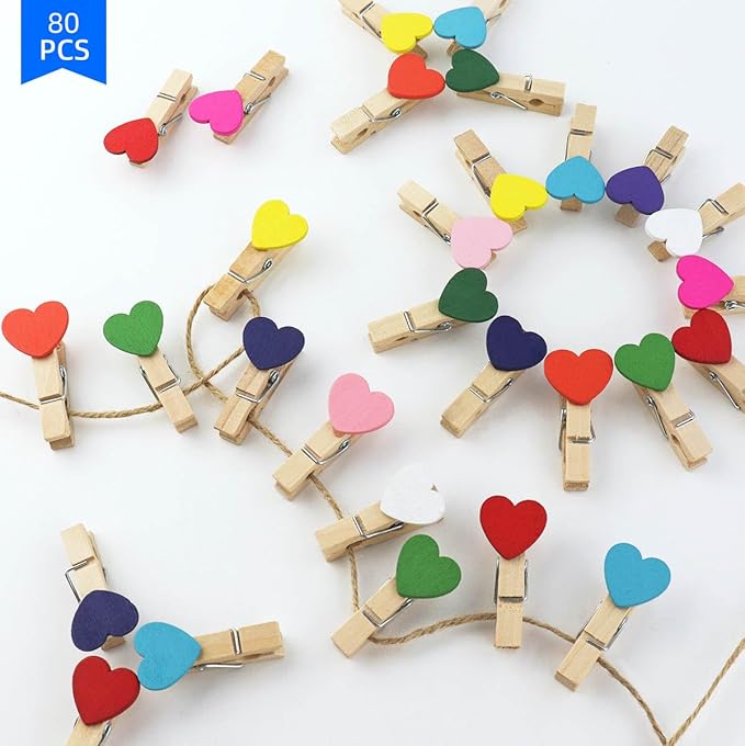 80 Pieces Wooden Heart Clothespins Mini Heart Photo Clips Colorful Small - Image 4