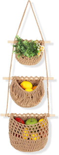 3 Tier Hanging Fruit Basket, Wall Hanging Vegetable Fruit Baskets Cotton Woven by Unknown