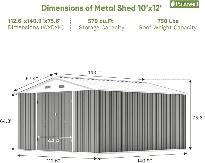 Patiowell 10 x 12 FT Metal Storage Shed for Outdoor, Steel Yard Shed with Design of Lockable Doors, Utility and Tool Storage for Garden, Backyard, Patio, Outside use, Gray - Image 4