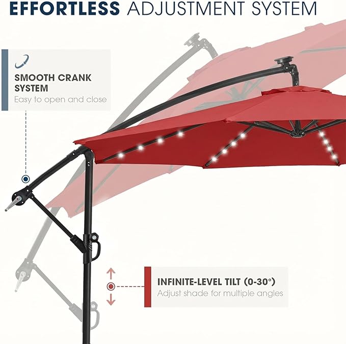 wikiwiki 10ft Solar LED Patio Umbrella with Base Included, Offset Umbrella with Weighted Sandbag Base, Cantilever Patio Umbrellas for Backyard, Garden & Deck, 32 LED Lights & Polyester Shade, Red - Image 6