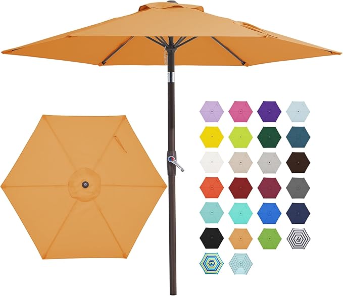 JEAREY 7.5FT Patio Umbrella Market Table Umbrella with 6 Sturdy Ribs, Push Button Tilt/Crank Outdoor Umbrella for Garden, Deck, Backyard, Pool and Beach,Tropical Orange by JEAREYOutdoorsCollection