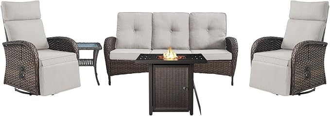 Belord 5 Piece Wicker Patio Furniture Set with 30" Propane Fire Pit Table, Outdoor Swivel Recliner Chairs with Adjustable Backrest & Footrest for Patio Conversation and Backyard Gathering by Belord